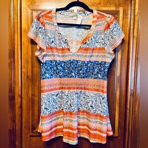 One World Orange Blue Floral Short Sleeve Blouse Almost New